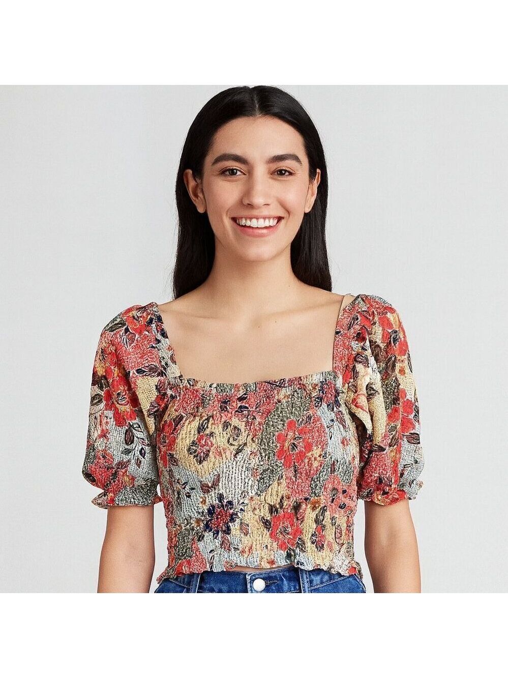 Monteau Floral Smocked Crop Top Puff Sleeve Boho Y2K